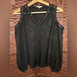 Nanette Lepore Black Floral Jacquard V-Neck Shoulder-less Blouse